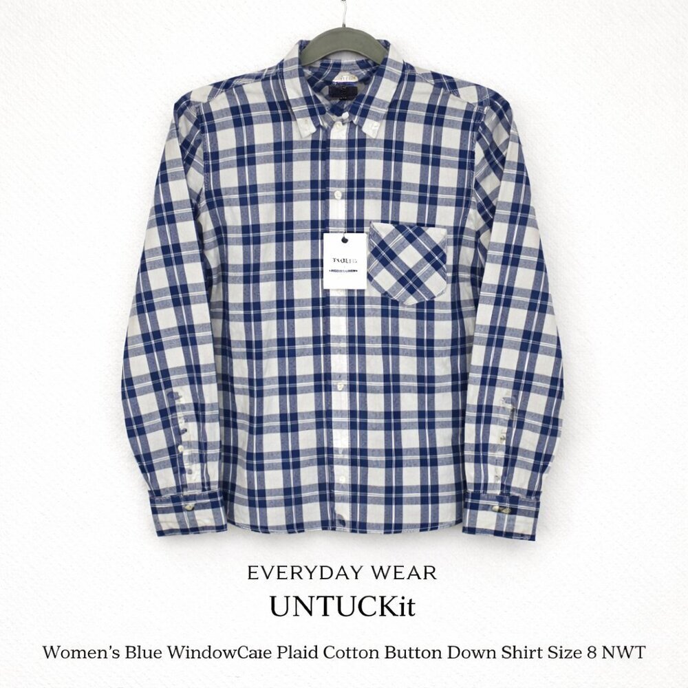 UNTUCKit Women’s Blue Windowpane Plaid Cotton Button Down Shirt Size 8 NWT